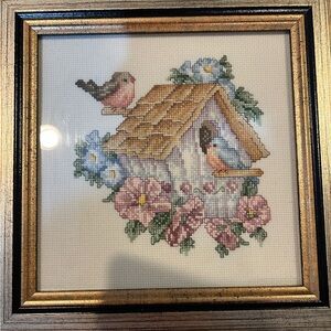 Vintage Charming Cross-Stitch Birdhouse Art with Floral Accents